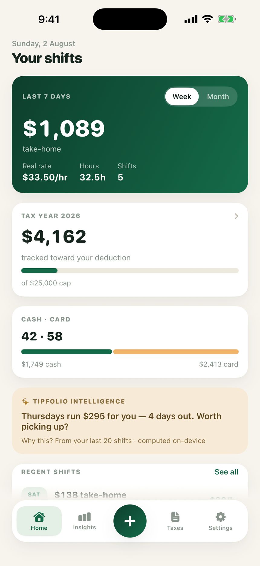 The Tipfolio home screen showing tonight's shift, take-home total and real hourly rate.