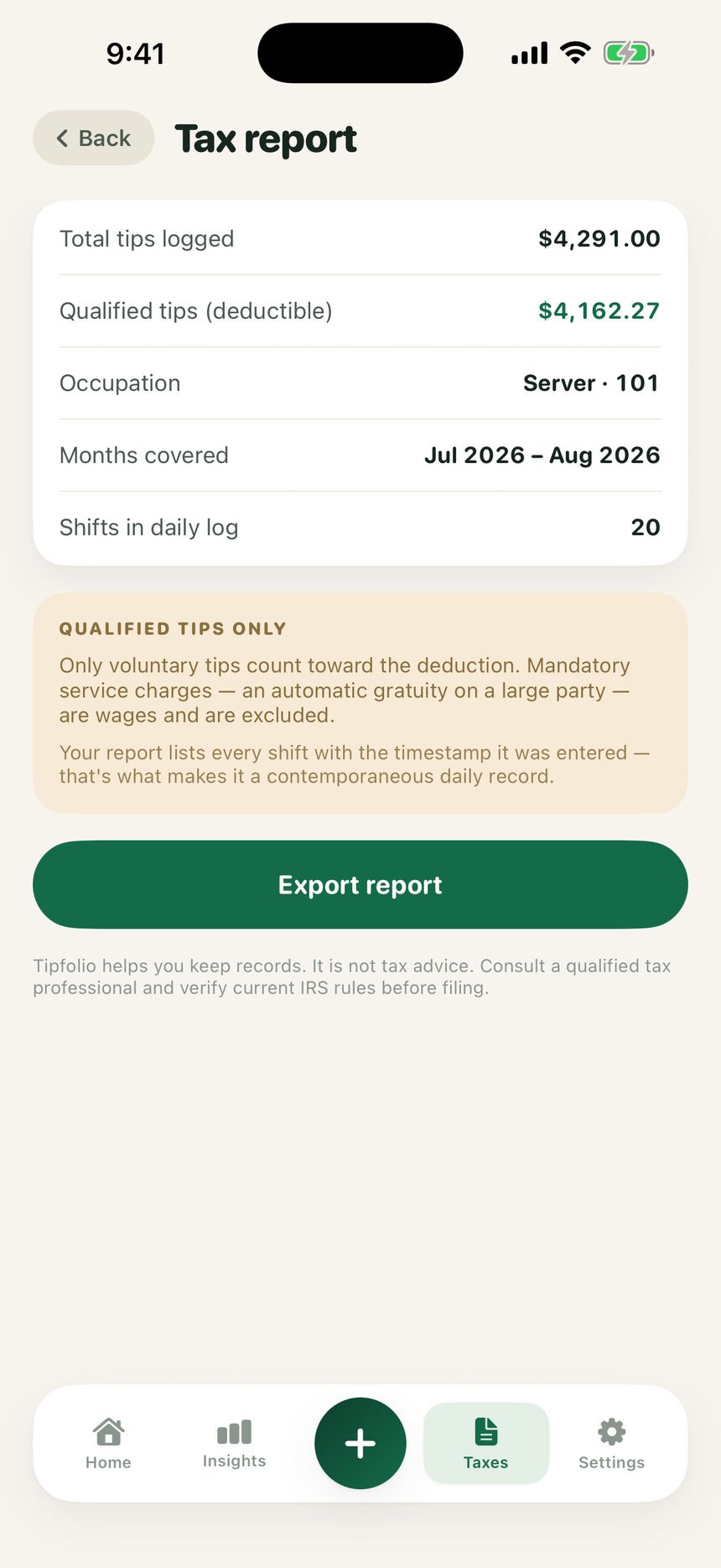 Tax report export screen listing each shift with the time it was entered.